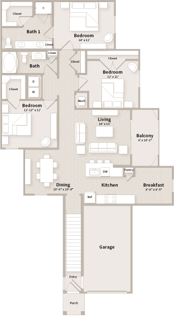 C2 floorplan which is a 3 bedroom, 2 bath apartment at The Parkway on Westlake, Humble, TX, 77346